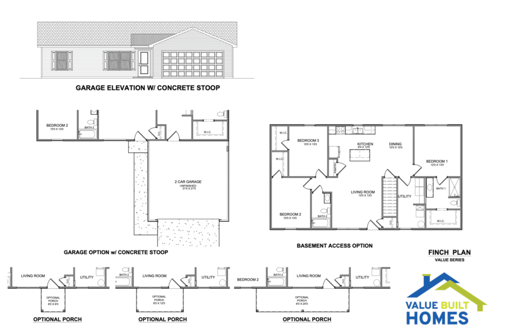 Home design blueprint with garage, flexible floor plans, and optional porch features.
