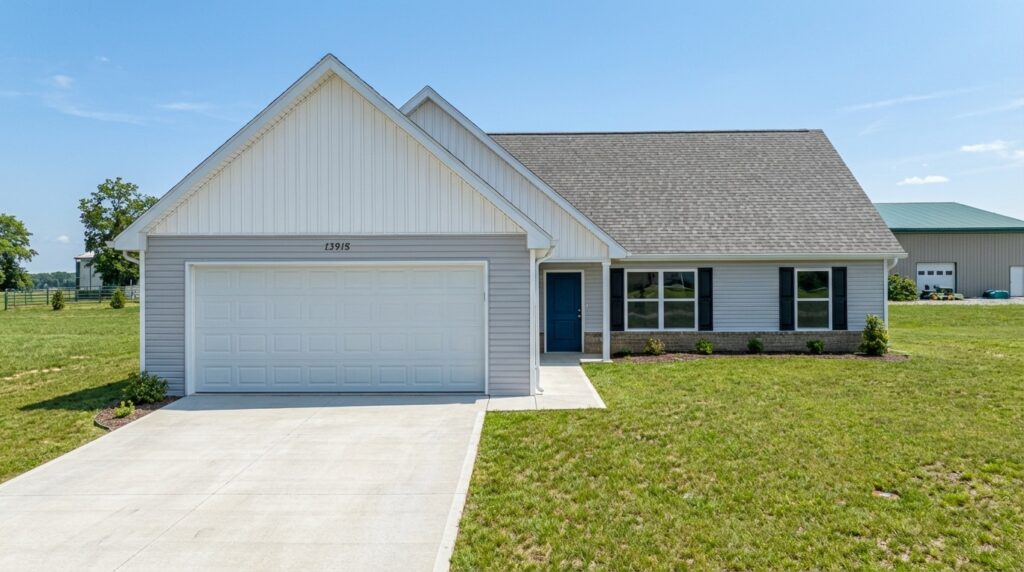 Modern single-family home with a beautiful yard and attractive curb appeal.