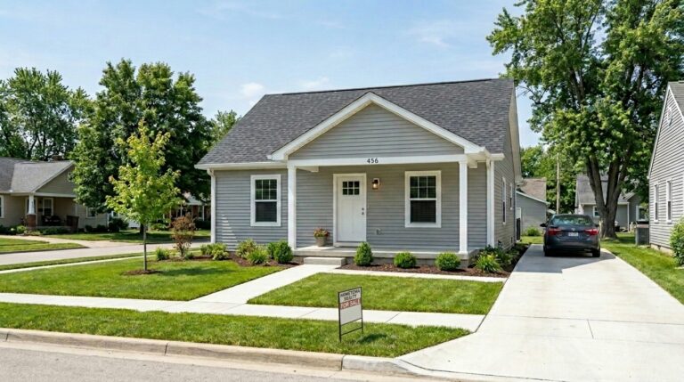 Modern home for sale in a peaceful neighborhood with beautiful landscaping.