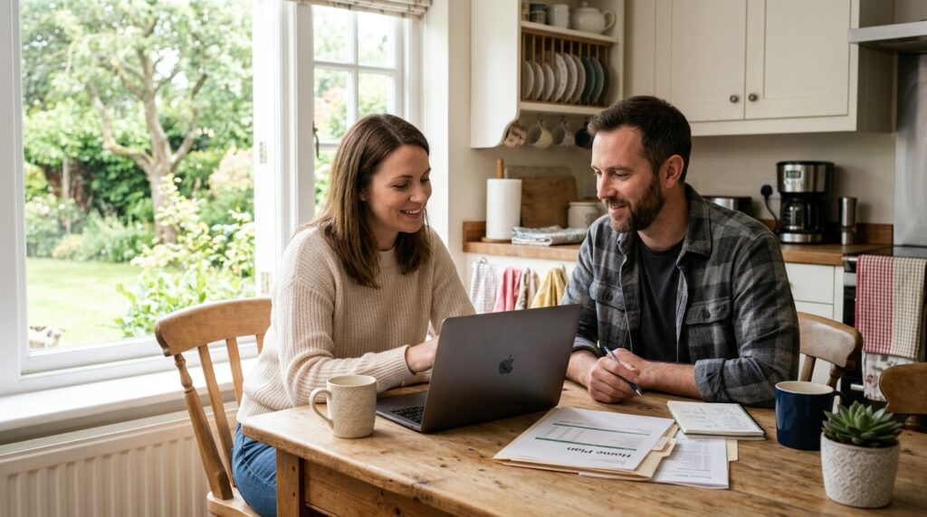 Couple collaborating on a laptop at home, sharing joyful moments together.