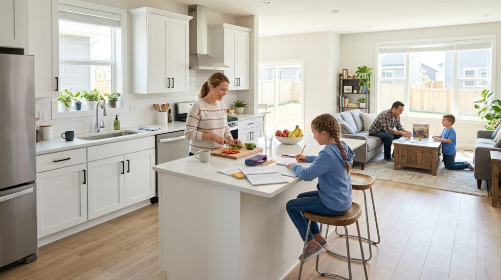 Family bonding in a bright, modern kitchen and cozy living space.