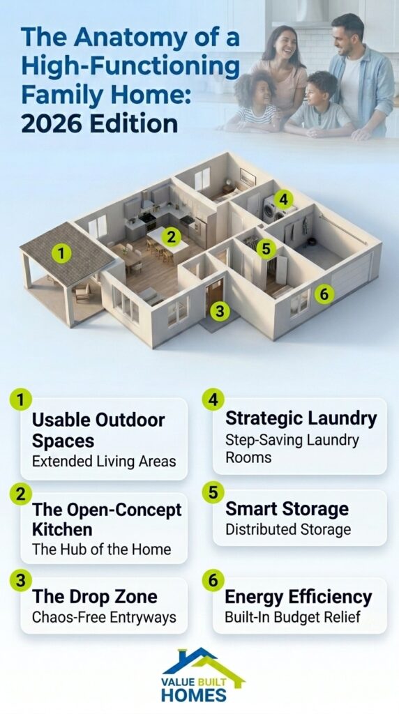 Innovative design features of a high-functioning family home for 2026 with energy efficiency.