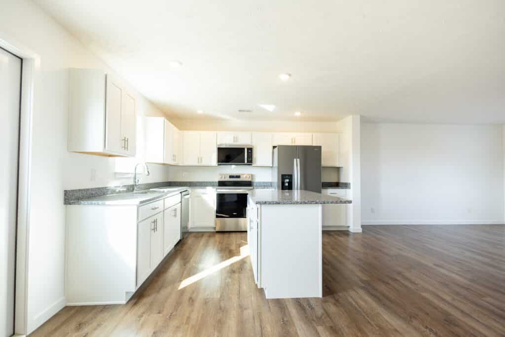 Modern kitchen interior with sleek appliances and stylish cabinetry in a spacious layout.