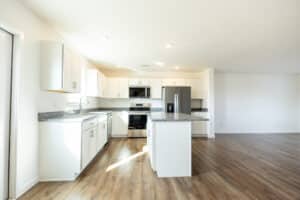 Modern kitchen interior with sleek appliances and stylish cabinetry in a spacious layout.