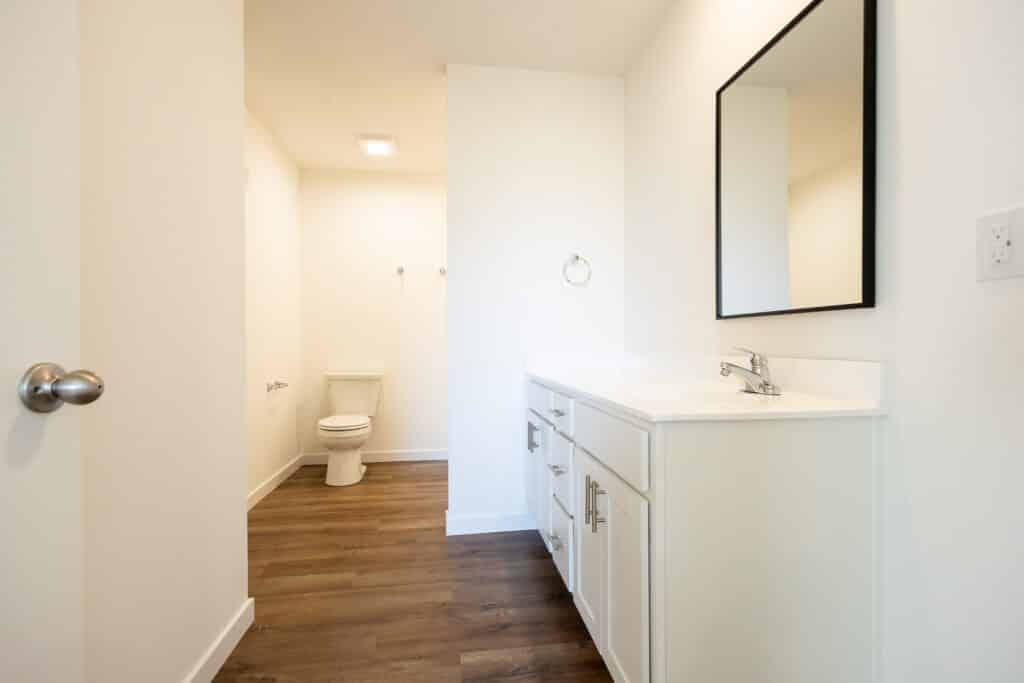 Modern bathroom design featuring sleek cabinetry and contemporary fixtures with clean lines.
