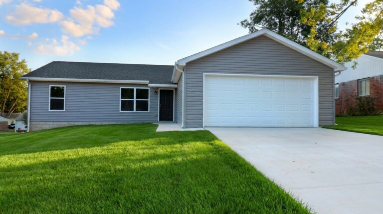 Charming modern home with a manicured lawn and inviting entrance.