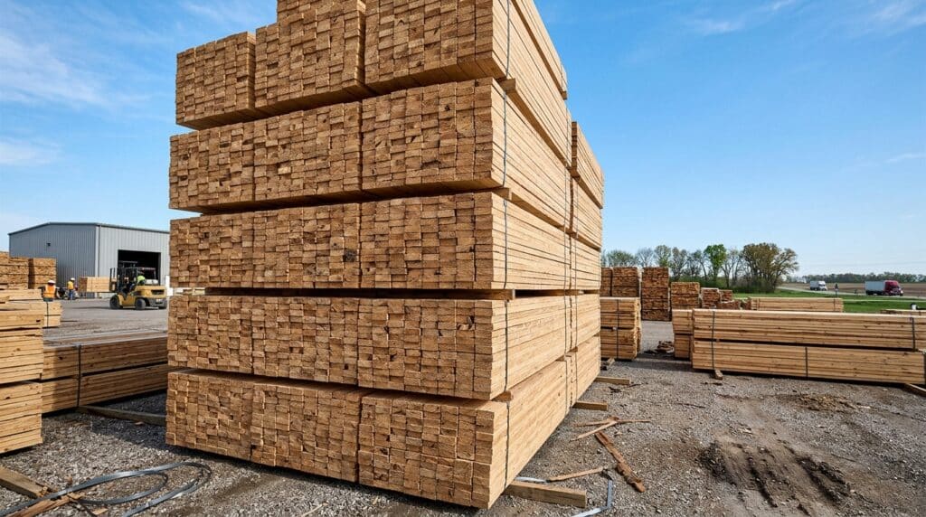 Lumber stacked neatly in a bright industrial yard, ready for construction projects.