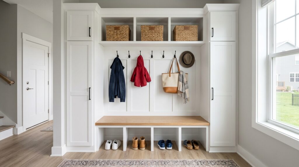 Modern entryway with organized storage, hooks, and a stylish bench for added convenience.