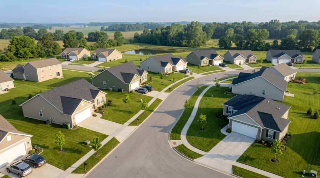 Aerial view of a peaceful suburban community with charming homes and lush lawns.