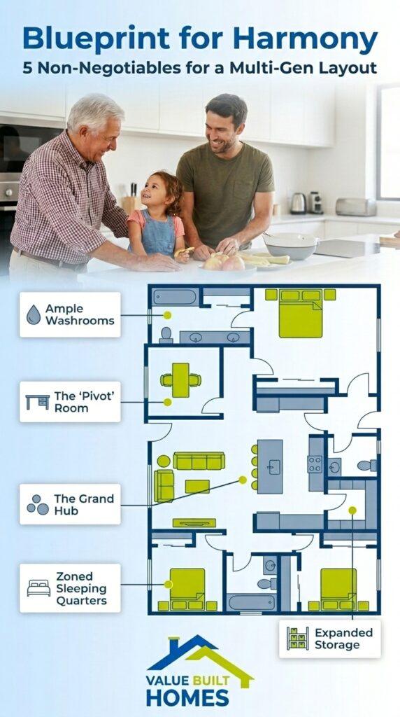 Multigenerational home design featuring shared spaces and private areas for family harmony.