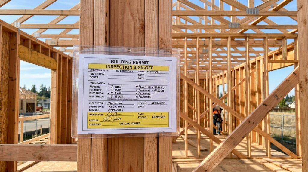 Building permit displayed prominently at a new construction site.