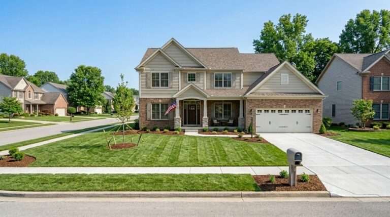 Charming suburban home featuring lush lawn and a welcoming front porch.