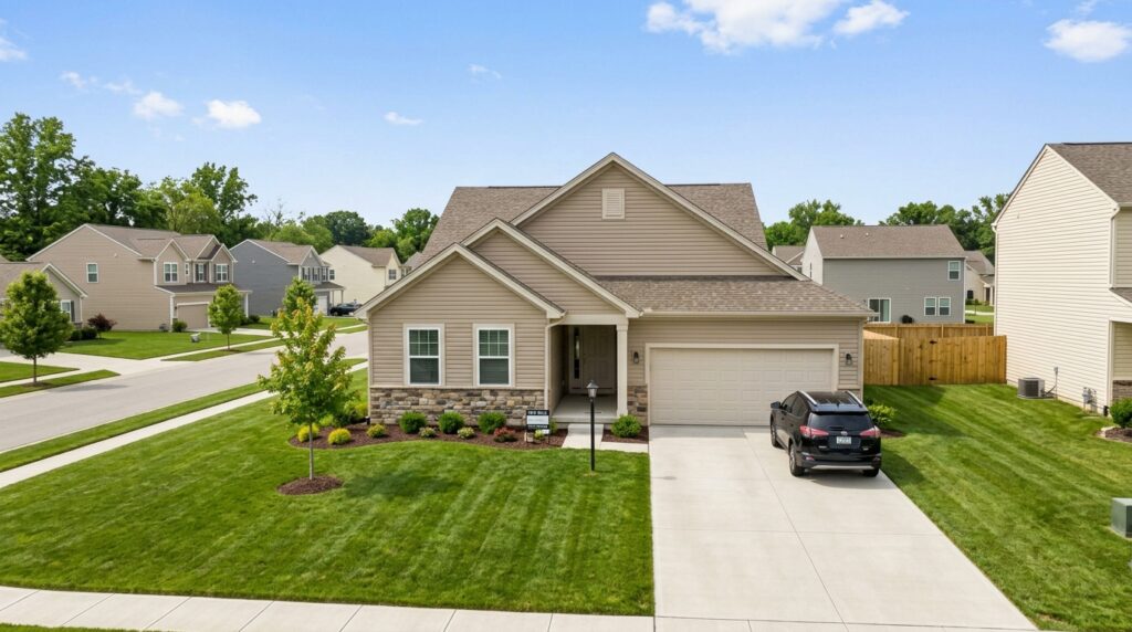 Welcoming suburban home with landscaped yard, perfect for family living and outdoor enjoyment.