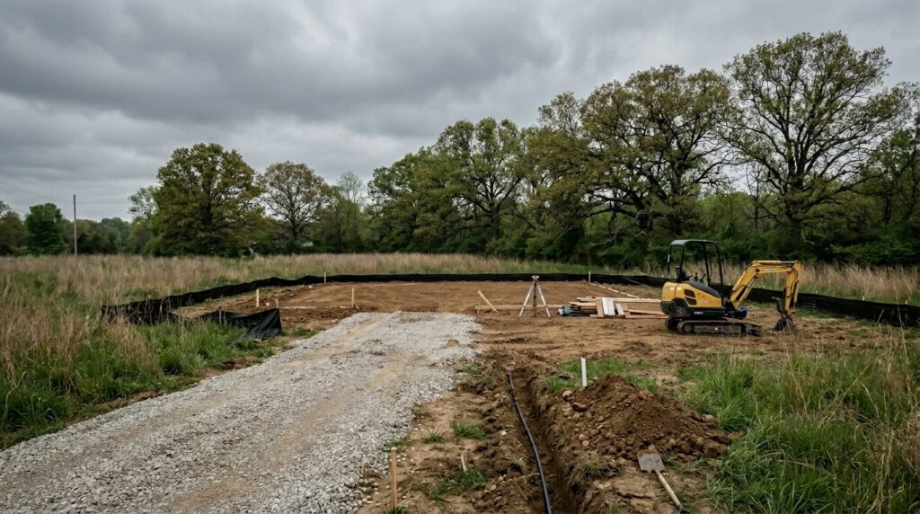 Construction site preparation with machinery, gravel, and cleared area ready for building.