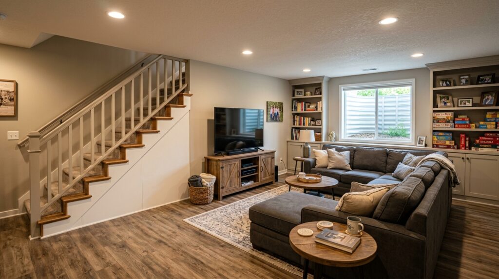 Charming basement lounge with modern decor, cozy seating, and entertainment options.