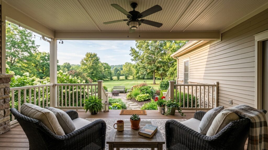 Serene porch retreat surrounded by lush greenery and inviting outdoor views.