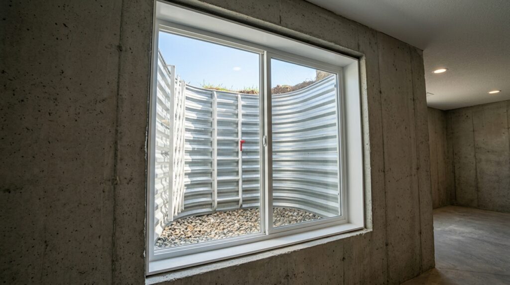 Basement egress window well provides natural light and emergency exit access.