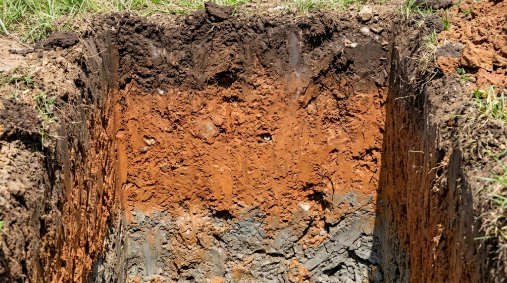 Excavation site showing rich, layered soil with reddish-brown and dark earth.