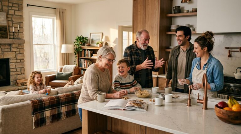 Family bonding while cooking in a warm, inviting kitchen filled with laughter.