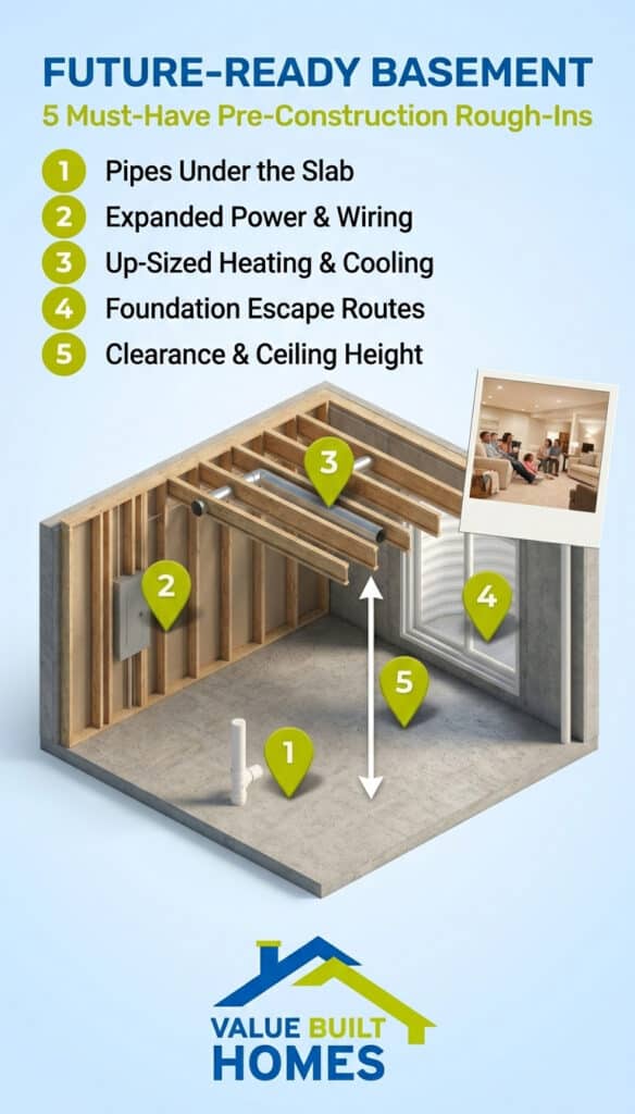 Essential rough-ins for future-ready basements: plumbing, electrical, heating, and safety features.