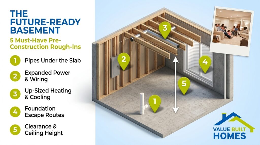 Essential basement rough-ins for future-ready construction and enhanced living space.