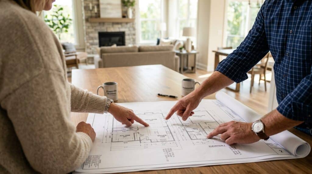 Design professionals collaborating over home plans in a modern living space.