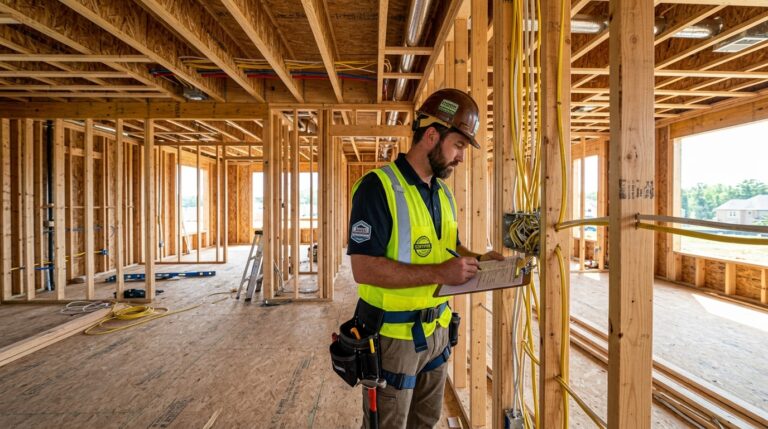 Wiring inspection during new home construction for safety and compliance.
