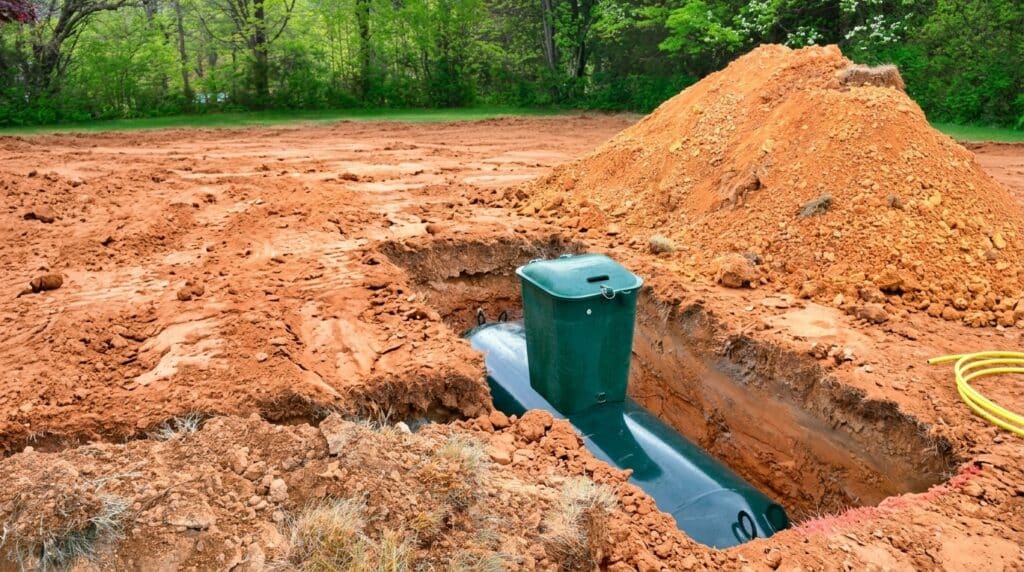 New septic tank installation in a residential yard with excavated soil.
