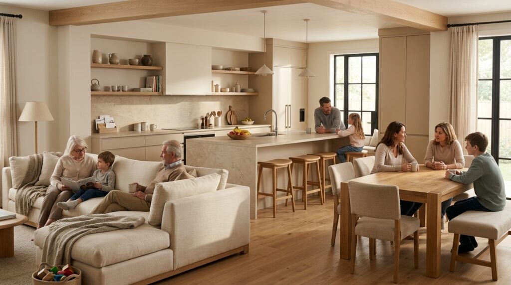 Family enjoying quality time in a stylish living room with modern decor.
