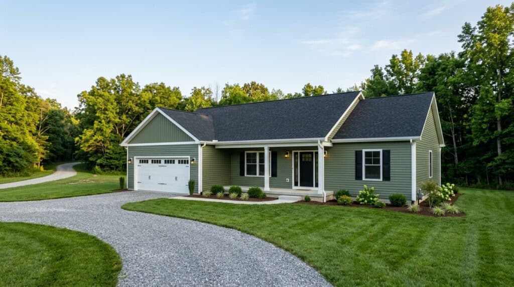 Modern country home surrounded by lush greenery and a spacious driveway.