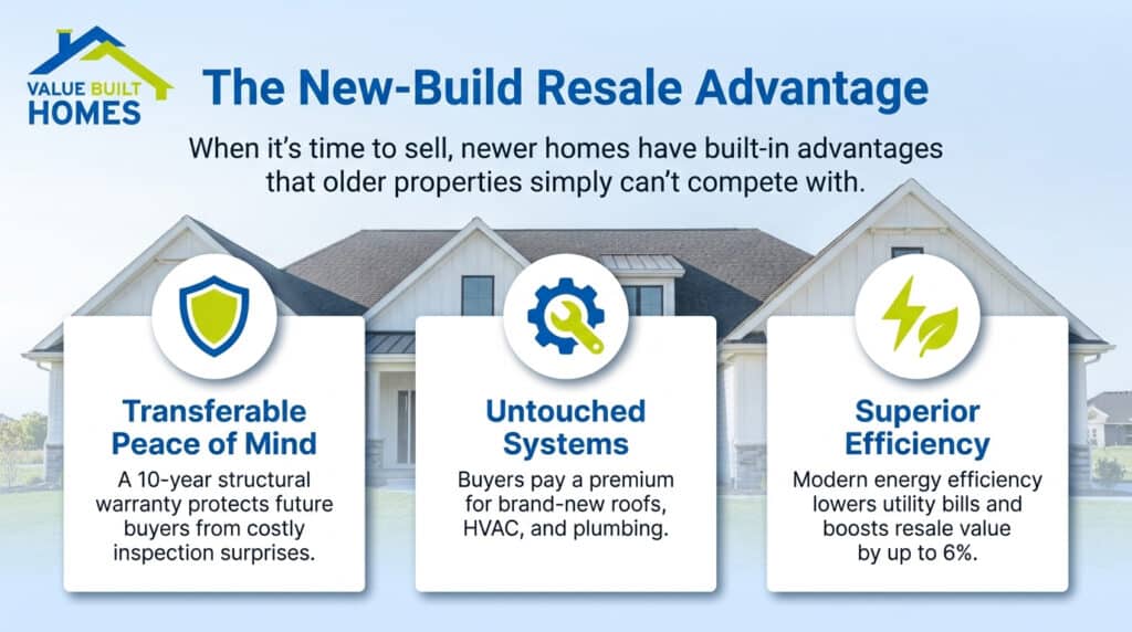 New construction homes maintain value with warranties, modern systems, and energy efficiency.
