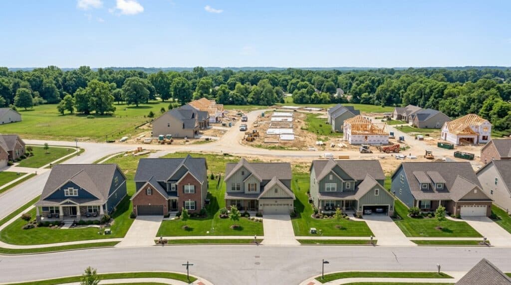 New homes under construction in a lively suburban neighborhood featuring green spaces.