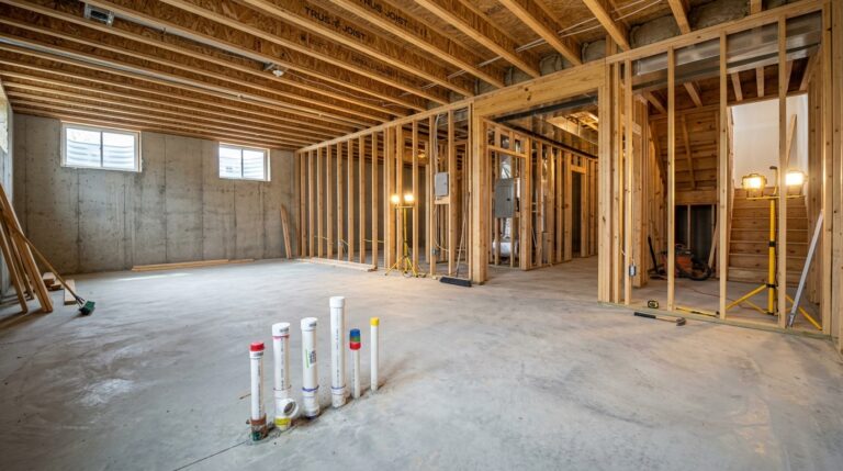 Spacious construction site showcasing modern framing and exposed plumbing features.