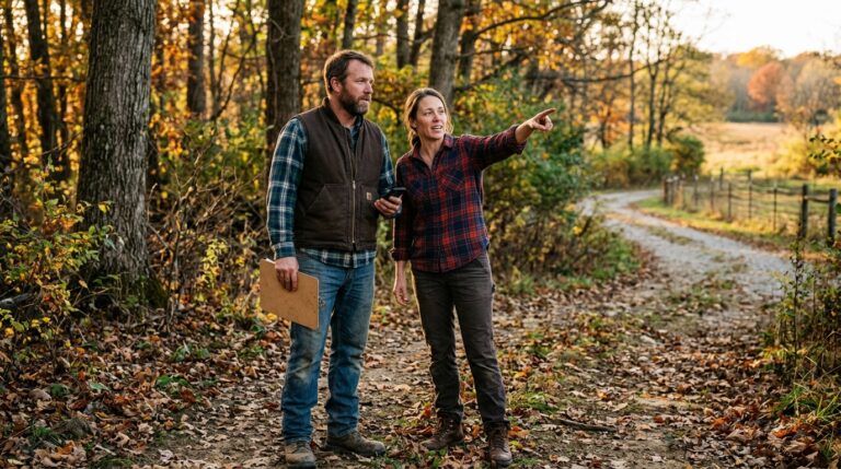 Couple envisioning their dream home amidst vibrant autumn scenery.