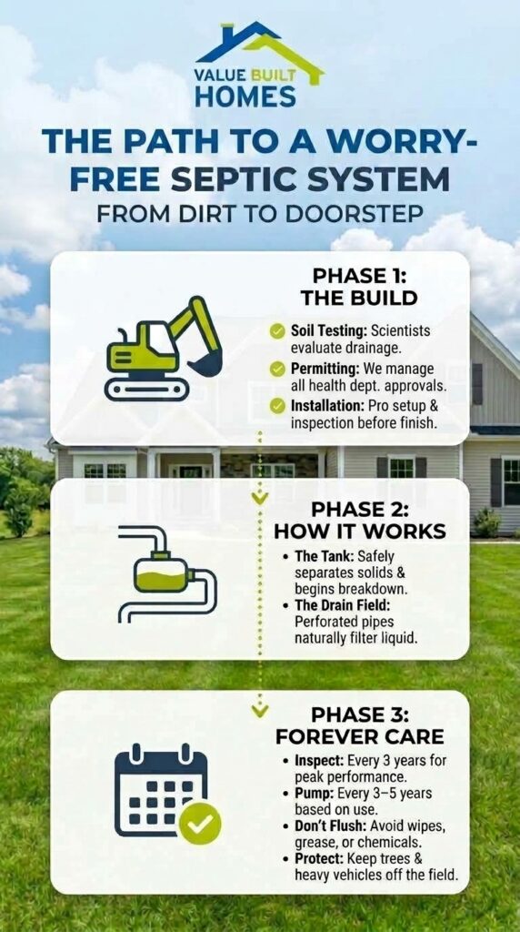 Septic system guide for new construction: building, operation, and maintenance phases explained.