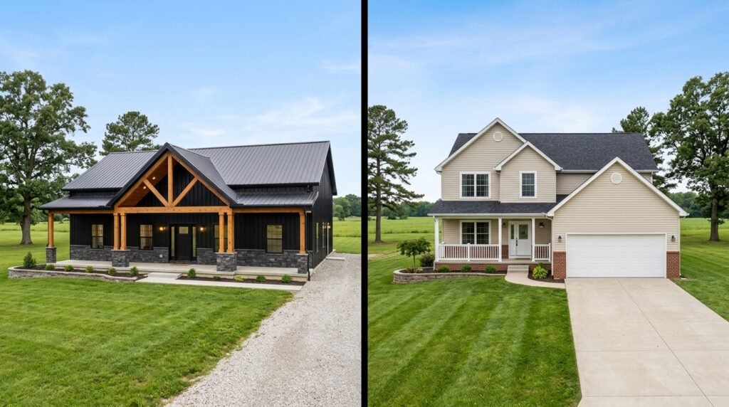 Barndominium and traditional home comparison showcasing distinct architectural styles.