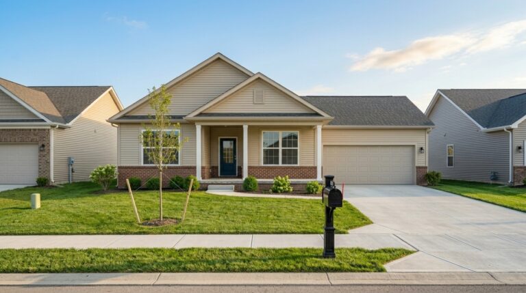 Inviting suburban home with a beautifully landscaped yard and front porch.