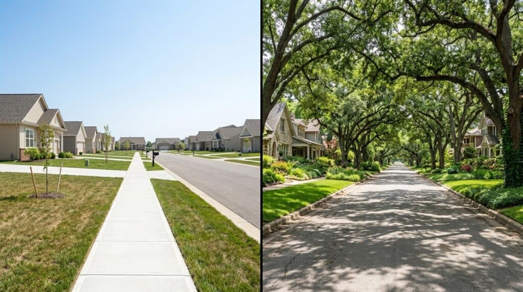 Contrasting sunny sidewalks with shaded tree-lined streets in vibrant neighborhoods.