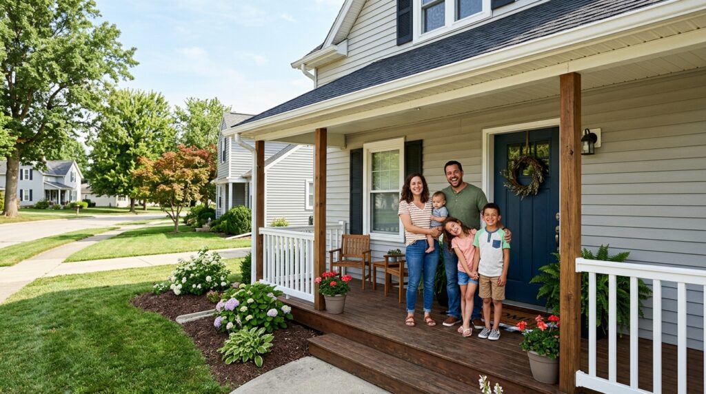 Family enjoying togetherness on a sunny porch, surrounded by vibrant flowers.