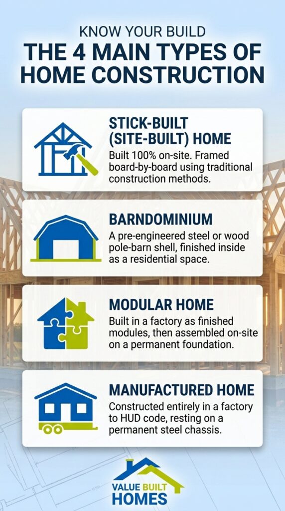 Barndominiums and stick-built homes are popular choices for modern construction.