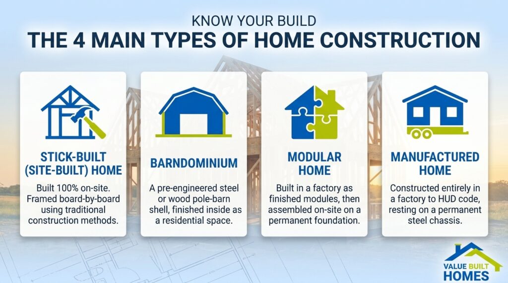 Barndominium versus stick-built home comparison, highlighting construction types and benefits.