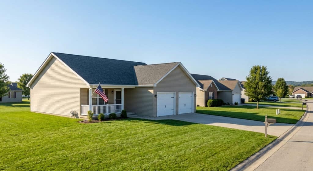 Charming suburban home with a pristine lawn and sunny driveway.