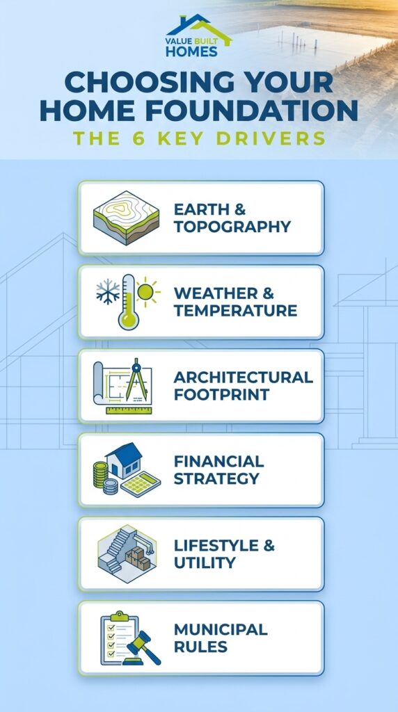 Key factors for choosing types of house foundations include earth, weather, and regulations.