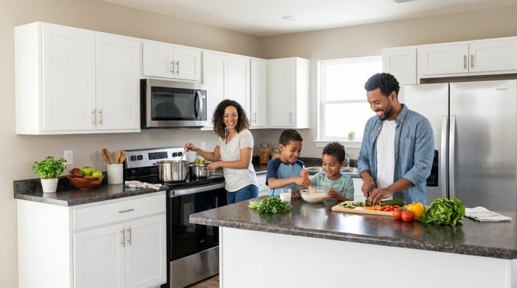 Family cooking together in a bright kitchen, enjoying quality time and healthy meals.