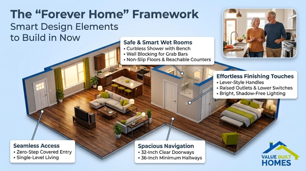 Smart design elements for aging in place homes with seamless access and safety features.