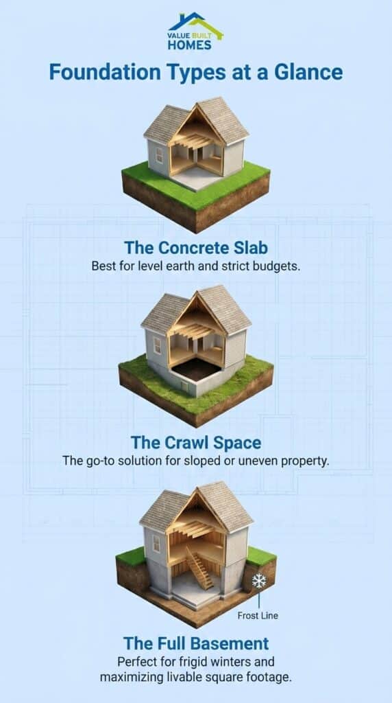 Overview of types of house foundations: concrete slab, crawl space, and full basement.