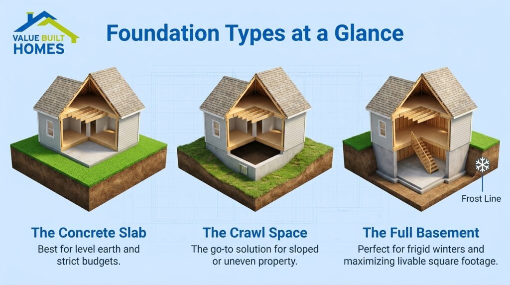 Overview of different types of house foundations: slab, crawl space, and basement.