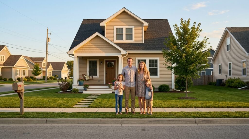 Happy family stands proudly in front of their lovely suburban home at sunset.