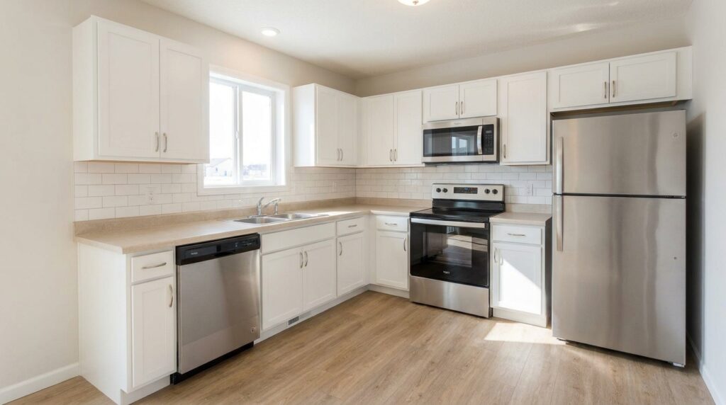 Sleek modern kitchen featuring white cabinets and stainless steel appliances.