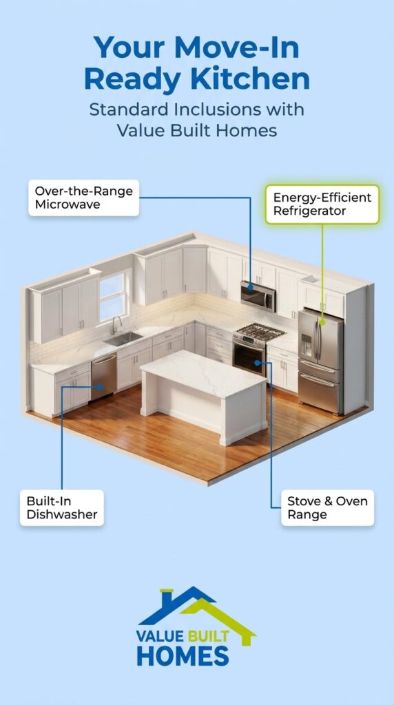 Move-in ready kitchen with appliances included in new construction homes.